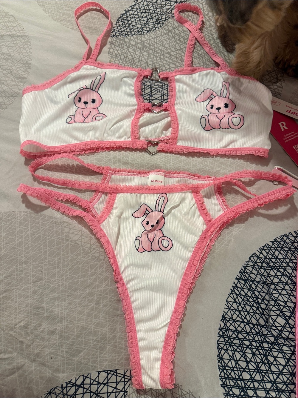 Fashion Nova White & Pink Bunny Lace Trim Bralette Set